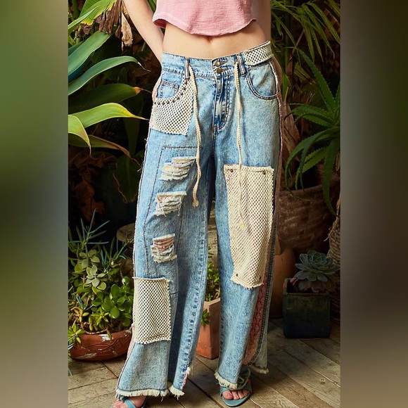 POL Denim - POL Metallic Studded Patchwork Jeans + Distressed Crochet Denim